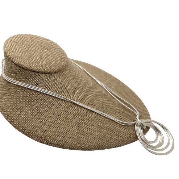 Layered Silver-Tone Textured Circle Pendant Necklace Multi Chain Minimalist - Picture 6 of 10